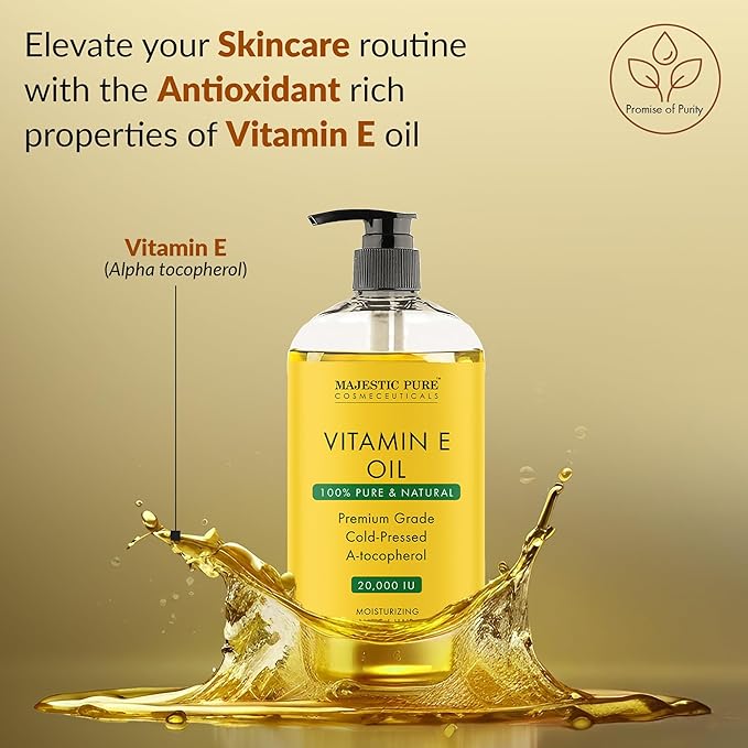 Majestic Pure Vitamin E Oil - 100% Pure & Natural, 20,000 IU | Premium Grade, Cold-Pressed and Tocopherol to Repair Dry, Damaged Skin| Moisturizing Skin, Hair and Scalp 8 Fl Oz-VivaGrace Women
