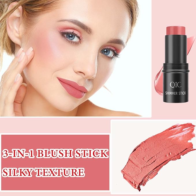 Cream Contour Blush Stick,Long Lasting Waterproof Blush Stick for Cheeks&Lips Multipurpose Face Highlighting Concealing Cream,Shimmer Contour Stick Makeup for Women（Pink）-VivaGrace Women