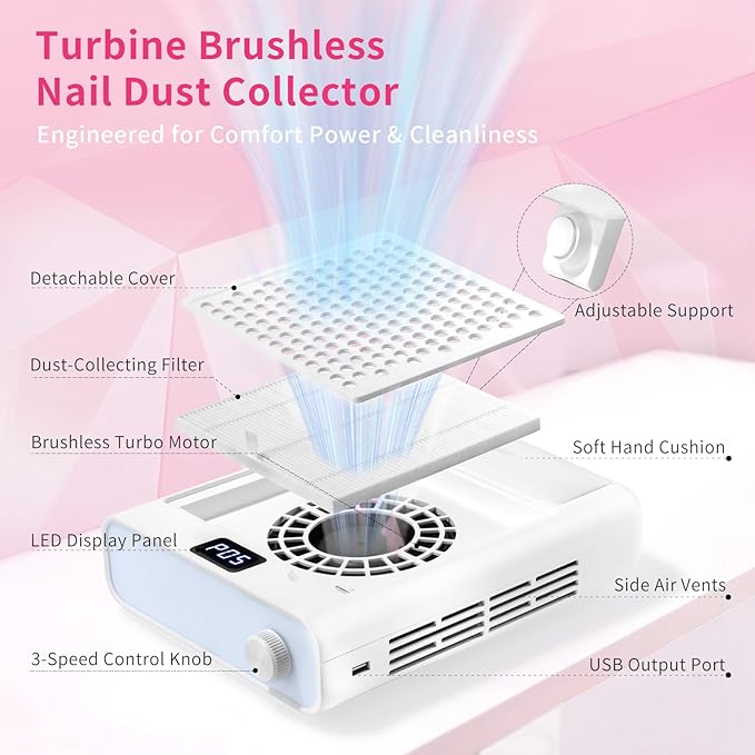 Missshine Dust Collector with Armrest – Professional 5-Speed Low Noise Vacuum Fan for Nail Techs – Powerful Suction with 10 Filter Papers for Salon & Home Use-VivaGrace Women