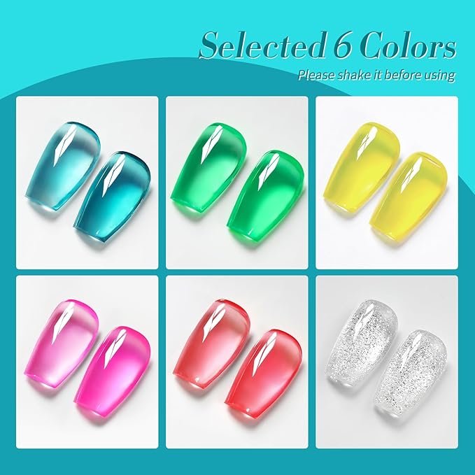 Born Pretty Jelly Gel Nail Polish Set Spring Summer Crystal Glass Translucent Pastel Sheer Gel Polish Pink Green Blue Red Yellow Silver Shiny Glitter Gel Nail Polish Nail Art Gel DIY Gift 6PCS-VivaGrace Women