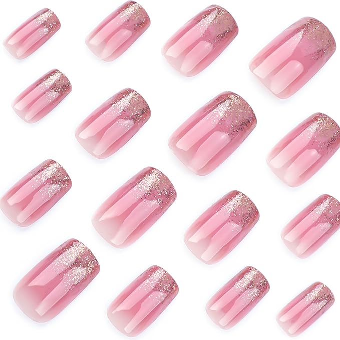 Medium Square Press on Nails French Tip Fake Nails Gold Glitter False Nails with Designs Pink Full Cover Glue on Nails Sparkly Artificial Nails Cute Stick on Nails for Women 24Pcs