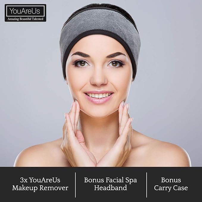 Makeup Remover Cloth Towel Set, 𝟯 𝗣𝗮𝗰𝗸 𝗮𝗹𝘀𝗼 𝗶𝗻𝗰𝗹𝘂𝗱𝗲𝘀 𝗦𝗽𝗮 𝗛𝗲𝗮𝗱𝗯𝗮𝗻𝗱 𝗮𝗻𝗱 𝗖𝗼𝘀𝗺𝗲𝘁𝗶𝗰 𝗕𝗮𝗴, by YouAreUs. Microfiber Cloth, Leaving Skin Feeling Cleaner!