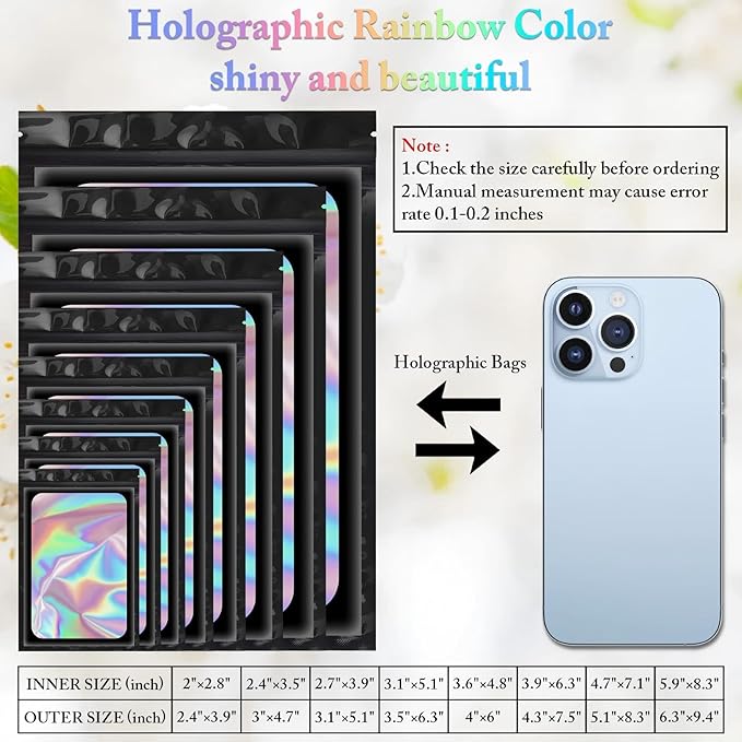 100 Pieces Smell Proof Mylar Bags, Holographic Packaging Bags, Resealable Odor Foil Pouch Zipper Bag with Clear Window for Food Storage and Lipgloss, Jewelry Lash (Black, 4 x 6 Inch)-VivaGrace Women