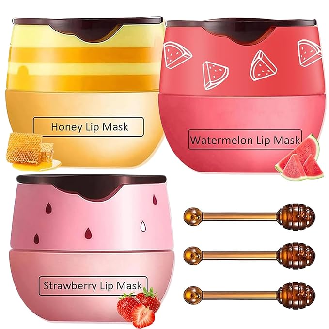 3 PCS Bee Lip Balm Honey Pot, Honey&Strawberry&Watermelon Lip Sleeping Mask Hydrating Prevention Dry and Cracked Lip Scrubs Exfoliator Lip Care, Overnight Lip Mask Reduces Lip Lines-VivaGrace Women