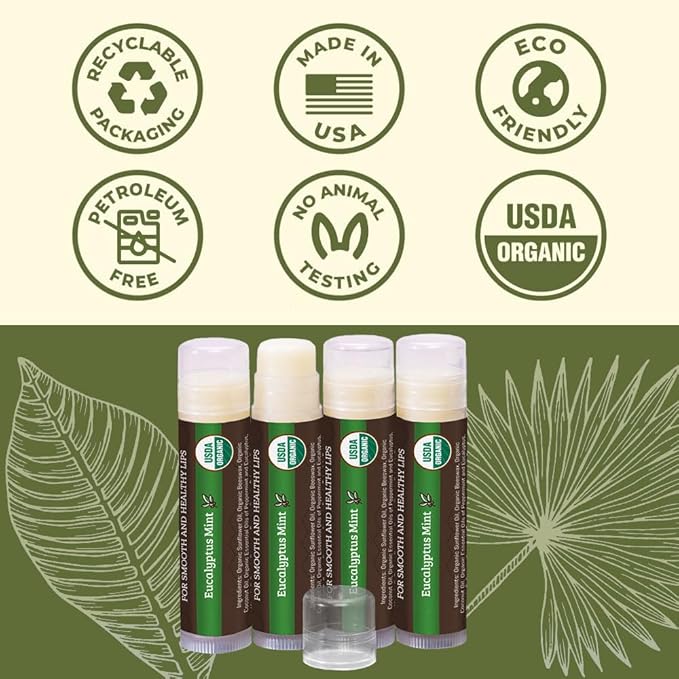 USDA Organic Lip Balm 4-Pack by Earth's Daughter - Eucalyptus Mint Flavor, Beeswax, Coconut Oil, Vitamin E - Best Lip Repair Chapstick for Dry Cracked Lips.-VivaGrace Women