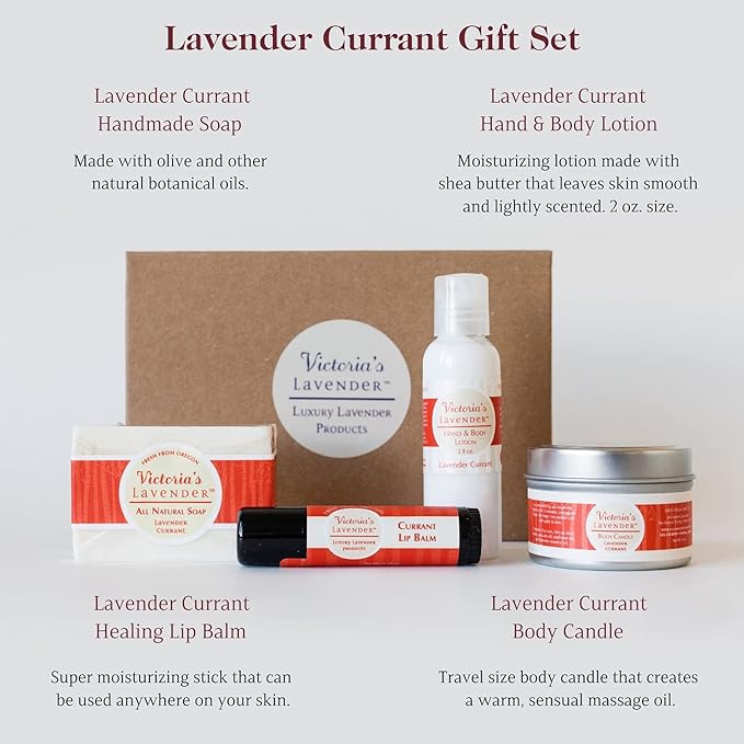 Victoria's Lavender Natural Body Products Gift Set - Handmade Soap, Hand & Body Lotion, Lip Balm, Body Candle Skin Care Sets & Kits, Lavender Bath and Body Products for Women, Lavender Currant-VivaGrace Women