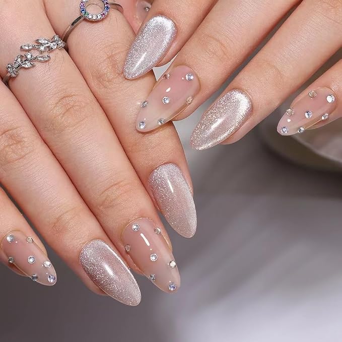Glitter Press on Nails Medium Almond Fake Nails Nude False Nails with Design Rhinestone Glue on Nails Reusable Artificial Acrylic Glossy Full Cover Shiny Stick on Nails for Women Manicure 24pcs