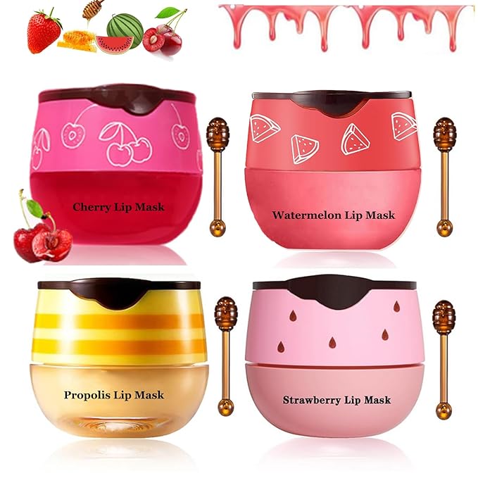 4Pcs Honey Lip Balm Honey Pot Strawberry & Propolis Balm Honey Lip Mask Hydrate Moisturizing Repair Prevent Lip Care Moisturizing Lip Balm Set-VivaGrace Women