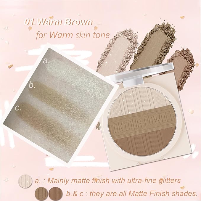 Contour Powder Makeup Palette Matte Shimmer Face Sculpting Shading Silky Smooth Tone Tuning Flawless Pressed Powder Bronzer for Warm Skin Tone, 01 Warm Brown-VivaGrace Women