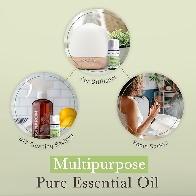 Pranarom USDA Certified Organic Lemon Essential Oil (5ml), 100% Pure Undiluted Therapeutic Grade from Argentina for Aromatherapy, Diffuser, DIY, Cleaning, Fresh Lemon Scent-VivaGrace Women