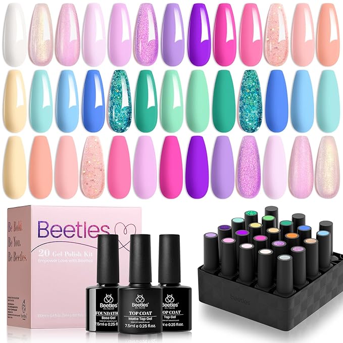 Beetles Purple Gel Nail Polish Set - 20 Colors Hot Pink Purple Shimmer Green Unicorn Bright Glitter Manicure Macaron Collection Pastel Gel Polish Kit with Base Matte Glossy Top Coat-VivaGrace Women
