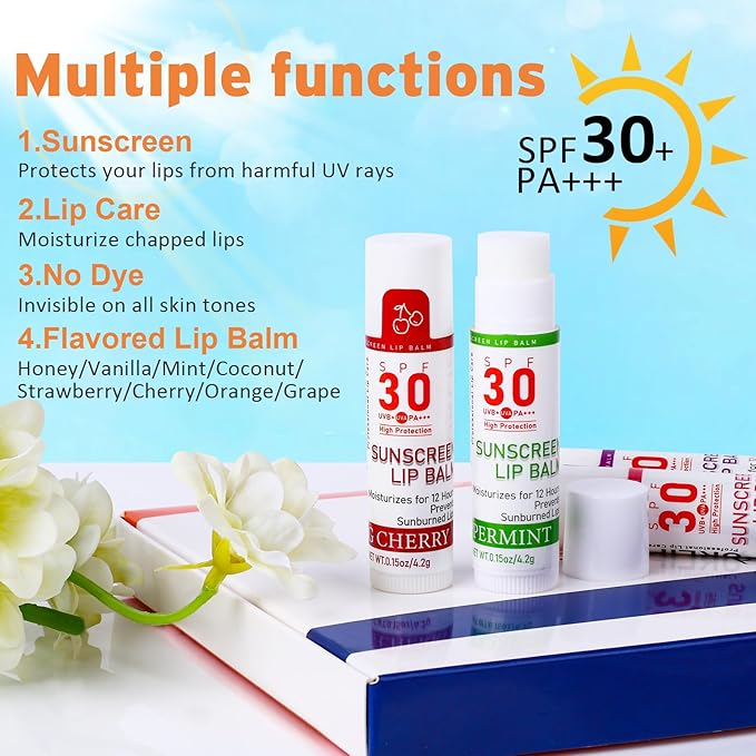 SPF 30 Lip Balm with Sunscreen, SPF Lip Balm Bulk Travel Size-16 Pack, Hydrating Lip Balm Pack with Vitamin E and Coconut Oil- 8 Flavors-VivaGrace Women