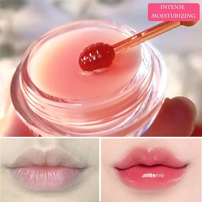 Bee Lip Balm Honey Pot, Strawberry & Honey Moisturizing Propolis Lip Mask, Hydrating & Prevention Dry and Cracked Lip Scrubs Exfoliator, Reduces Lip Lines (2PCS Pink)-VivaGrace Women