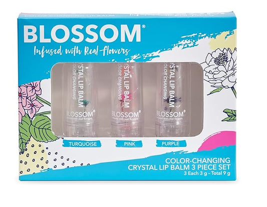 Blossom Moisturizing Custom Color Changing Crystal Lip Balm, Strawberry Scented Lip Stain Tint, Infused with Real Flowers, 3 pk, Turquoise/Pink/Purple-VivaGrace Women