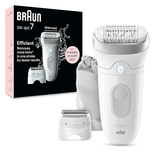 Braun Epilator Silk-épil 7, Hair Removal Device, Women Shaver & Trimmer, Wet and Dry, Wide Head, Includes Shaver Head and Trimmer Comb, SE7-041, Silver-VivaGrace Women