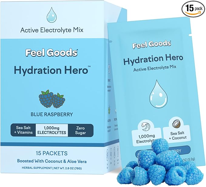 Feel Goods Hydration Hero, 1,000mg Electrolytes Powder, Sugar Free, Magnesium, Organic Aloe Vera, L Theanine, Vitamin C & B12, Keto, Vegan, Electrolyte Packets, Blue Raspberry, 15 Count-VivaGrace Women