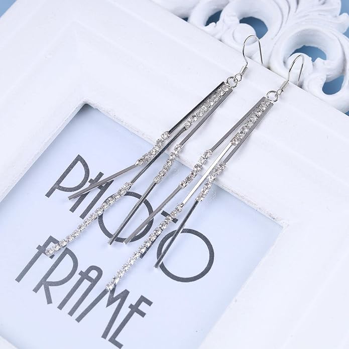 Vintage Crystal Tassel Earrings Rhinestone Bar Drop Earrings Long Rhinestone Chain Earrings Gold Cz Bar Hook Earrings Sparkle Tennis Chain Earrings Jewelry for Women-VivaGrace Women