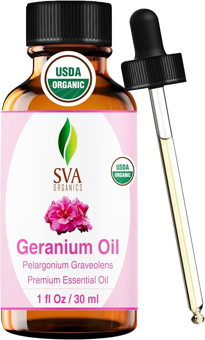SVA Geranium Essential Oil Organic – 1 Fl Oz – 100% Natural Organic Geranium Oil - for Diffuser, Hair Care, Face, Skin Care, Aromatherapy, Scalp and Body Massage, Soap and Candle making – with Dropper-VivaGrace Women