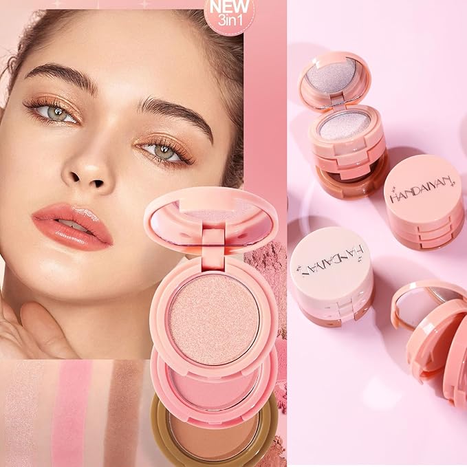 3-in-1 Blendable Trio, Contour and Highlight Blush Makeup Palette, Cream Bronzer, Silky Smooth Powder Blush, Shimmer Highlighter Makeup Powder, Pink Brown Eyeshadow Palette with Mirror(02)-VivaGrace Women