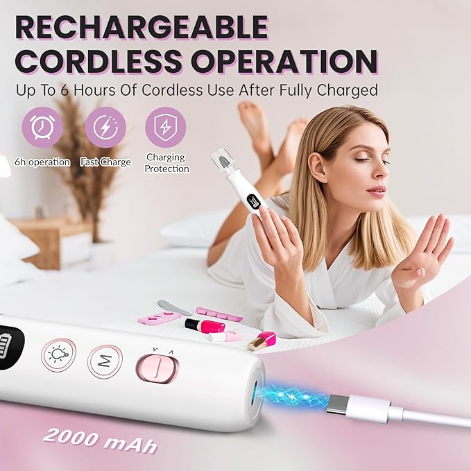 Electric Nail Drill, Cordless 2000 mAh Rechargeable Portable Nail File 12 in 1 Kit for Thick Toenails, 10 Speeds Nail Dril Machine Professional Manicure Pedicure for Hand Natural Nails Care (White)-VivaGrace Women