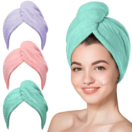 Hicober Microfiber Hair Towel, 3 Packs Hair Turbans for Wet Hair, Drying Hair Wrap Towels for Curly Hair Women Anti Frizz (Pink,Purple,Green)-VivaGrace Women