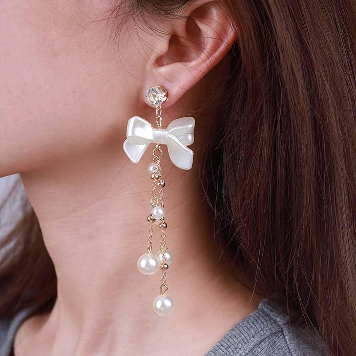 Vintage Crystal Pearl Drop Earrings Pearl Bow Dangle Earrings Long Pearl Tassel Chain Earrings Cz Bow Stud Earrings Jewelry for Women-VivaGrace Women