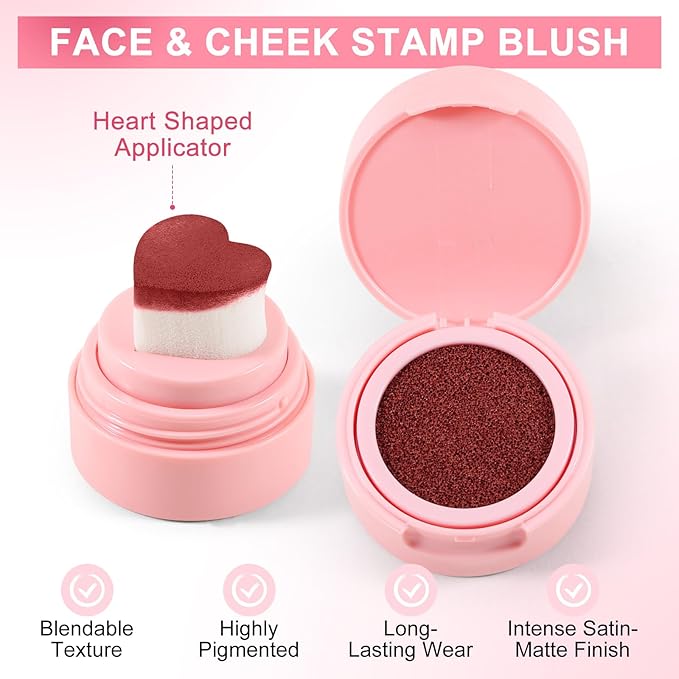 Boobeen Liquid Blush for Cheeks, Buildable & Blendable Face Blusher, Cheek Stamp Blush with Heart-shaped Applicator, Lightweight Air Cushion Blush for Velvet Matte Finish-VivaGrace Women