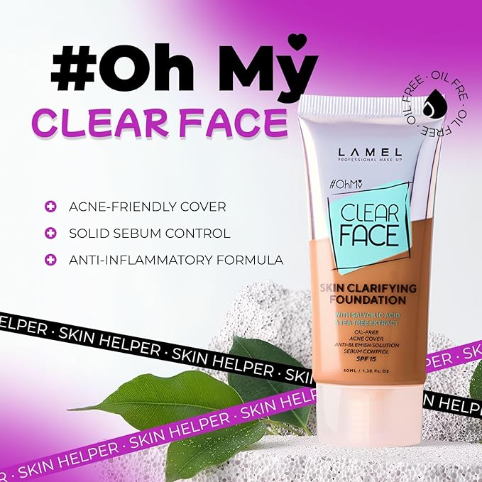 LAMEL OhMy Clear Face Full Coverage Foundation - Acne Coverage - Salicylic Acid & Tea Tree Extract - Dewy & Flawless Finish - Sensitive Skin Care - Organic & Oil-Free - 409, 1.35 fl.oz-VivaGrace Women