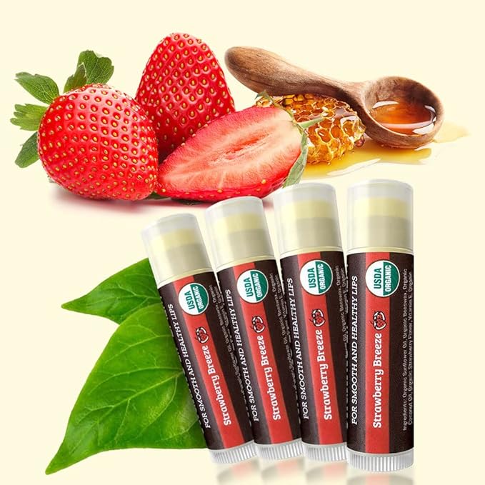 USDA Organic Lip Balm 4-Pack by Earth's Daughter - Strawberry Flavor, Beeswax, Coconut Oil, Vitamin E - Best Lip Repair Chapstick for Dry Cracked Lips.-VivaGrace Women
