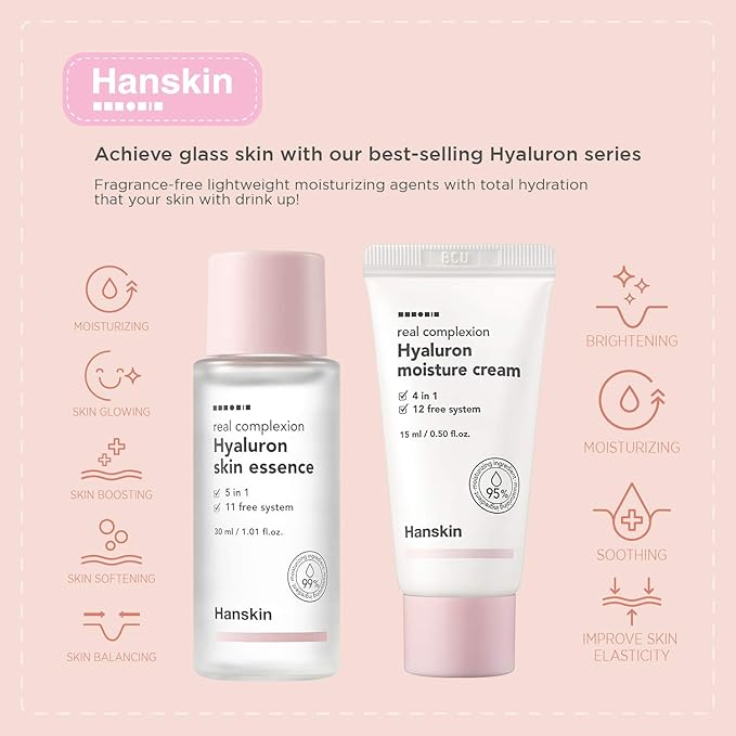 Hanskin Glass Skin On The Go Kit, Travel Friendly Hydrating Skincare Set for Glowing Skin, Cleansers, Skin Essence Toner and Moisturizer, Korean Skin Care [Set of 4 / 30 ml each]-VivaGrace Women