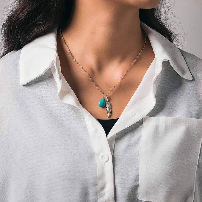 Boho Turquoise Necklaces Silver Feather Pendant Necklace Chain Short Delicate Dainty Necklaces Jewelry for Women-VivaGrace Women