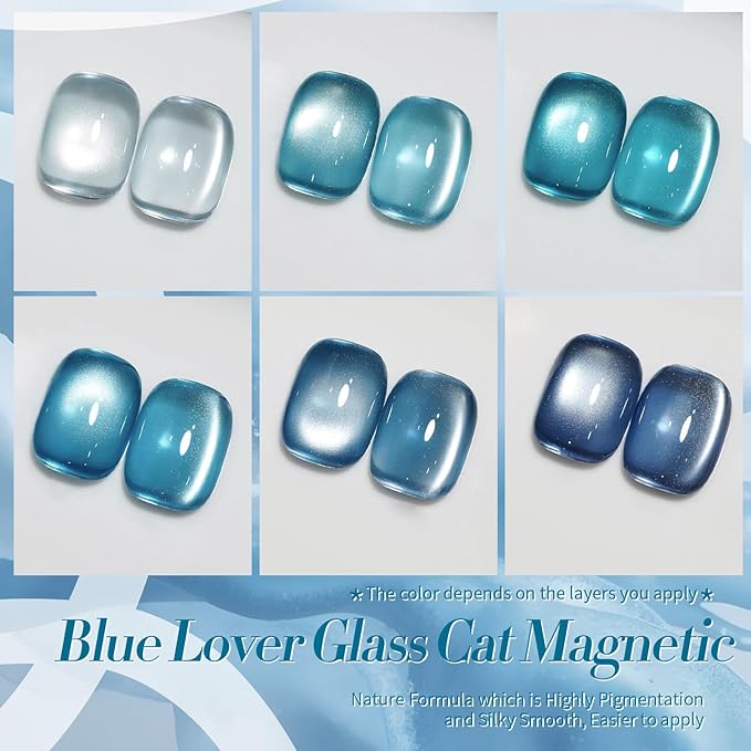 BORN PRETTY Magnetic Gel Nail Polish Blue Water Light Cat Magnetic Eye Gel Jelly Glass Crystal Magnetic Gel Polish Glitter Shimmer Auroras Magnetic Gel Nail Art Manicure Kit 6PCS-VivaGrace Women