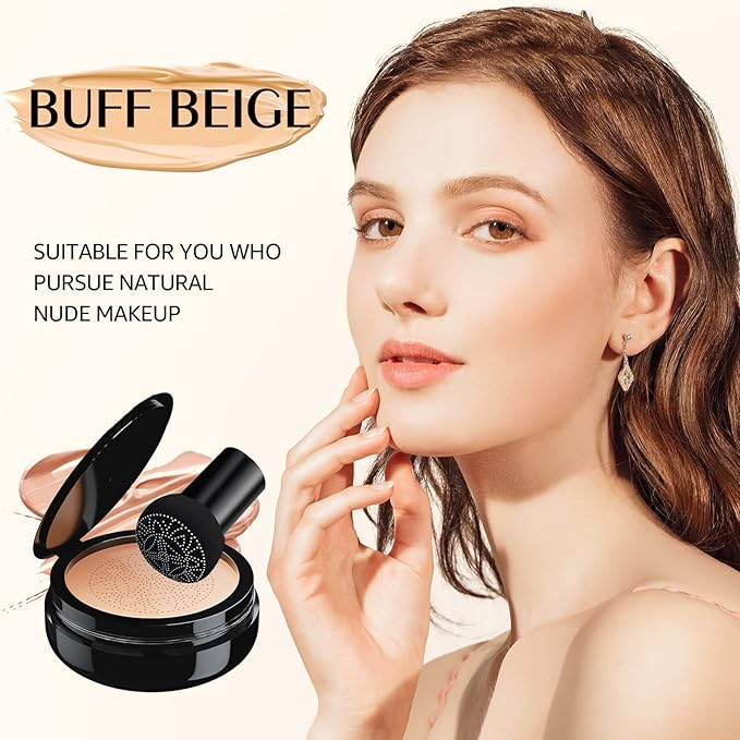 Mushroom Head Air Cushion CC Cream, Long-Lasting Brightening BB Cream Foundation With Powder Puff for Face Makeup and Mature Skin, Moisturizing Full Coverage Self Adjusting Concealer (Buff Beige)-VivaGrace Women