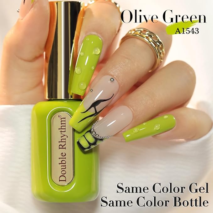 Double Rhythm 0.50 OZ Gel Polish Hema Free Same Color Same Bottle Golden Round Translucent Neutral Natural Milky 15 ML Jelly UV Polish Art DIY at Home (Olive Green-C1543)