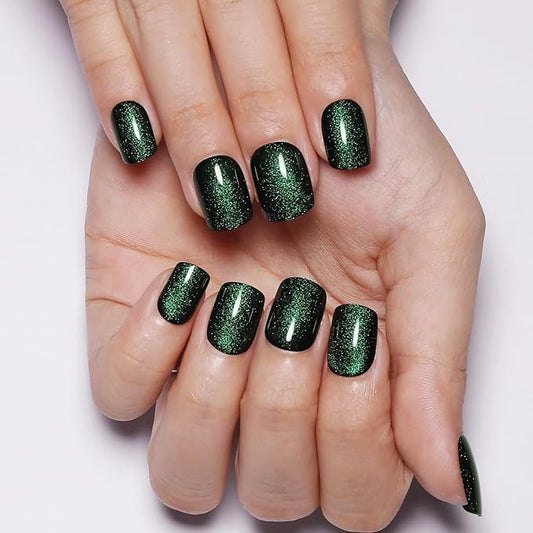 Crystal Spirit Green Press on Nails Short Square, Cat Eye Press on Nails, Fashion Gel Fake Nails, Reusable Acrylic Fake Nails, Glossy Stick on Nails, Thick Reusable Glue On Nails for Women