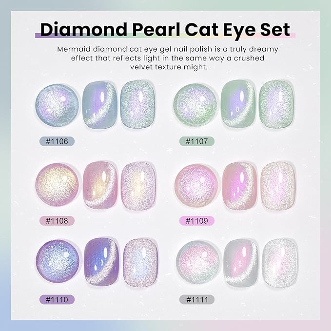 RARJSM Sparkle Diamond Pearl Cat Eye Gel Nail Polish Set 6pcs Velvet Silver Shimmer Pink Green Blue Purple White Glitter Mermaid Swirl Shell Thread Effect with Magnet Stick UV LED Curing Requires-VivaGrace Women