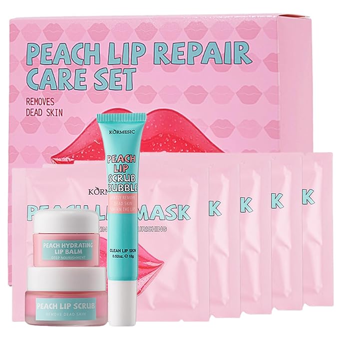 4 In 1 Peach Lip Care Kit With Lip Exfoliator Scrub And Moisturizer, Peach Scrub Bubble, Hydrating Lip Mask, Lip Scrubs Gentle Exfoliating, Instant Moisturizing, Lip Balm Hydrating For Very Dry Lips-VivaGrace Women