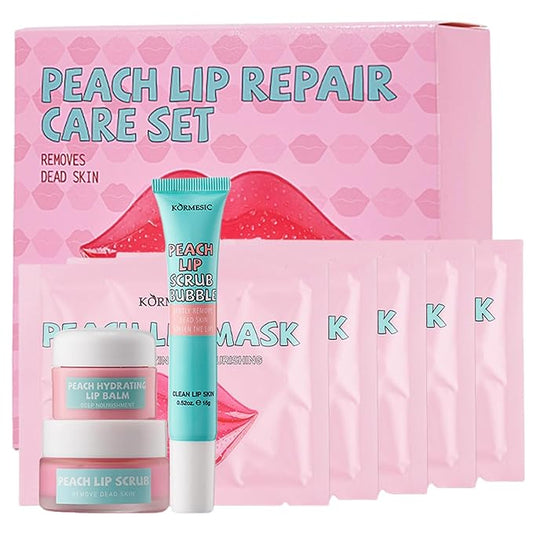 4 In 1 Peach Lip Care Kit With Lip Exfoliator Scrub And Moisturizer, Peach Scrub Bubble, Hydrating Lip Mask, Lip Scrubs Gentle Exfoliating, Instant Moisturizing, Lip Balm Hydrating For Very Dry Lips-VivaGrace Women