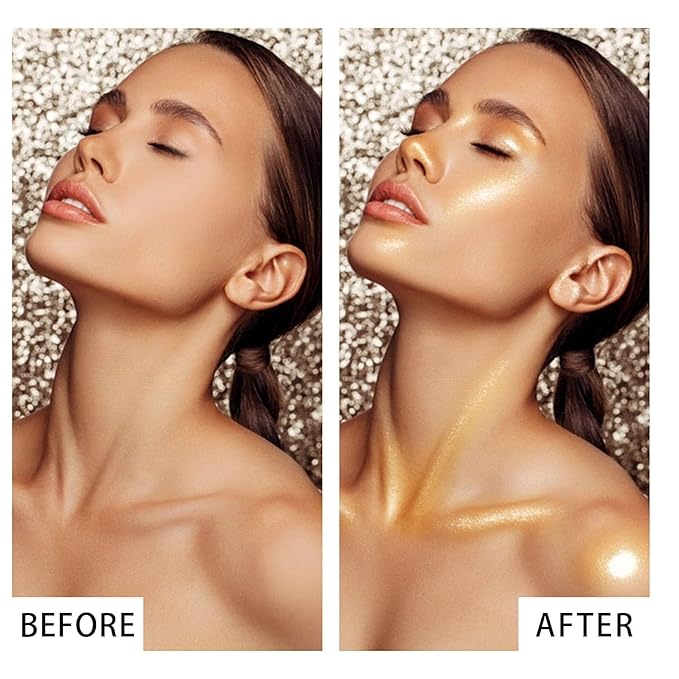 Shimmer Body Oil, Face and Body Liquid Luminizer Waterproof Moisturizing, Light Shimmer Glow Illuminator, Smooth Body Highlighter Makeup Liquid Body Shimmer (2# Gold)-VivaGrace Women