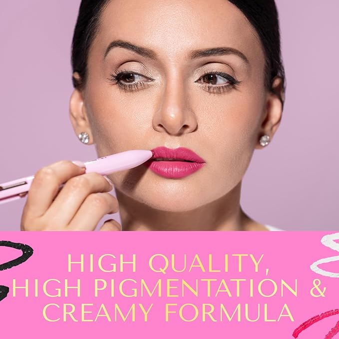 YazzBeauty - 4 in 1 Makeup Touch Up Pen with Hot Pink Lip Liner, Black Eyeliner, Dark Brown Eyebrow Pencil, and Shimmer White Highlighter, Compact Beauty Pen, Smudge Proof, Vegan, Cruelty-Free