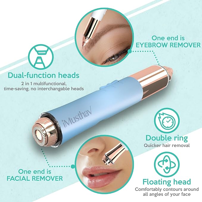 2 in 1 Flawless Eyebrow and Facial Hair Remover for Women Painless Electric Razor Epilator Trimmer Shaver with 18K Gold-Plated, USB Rechargeable, 360° LED for Eyebrow and Face Hair Removal-VivaGrace Women
