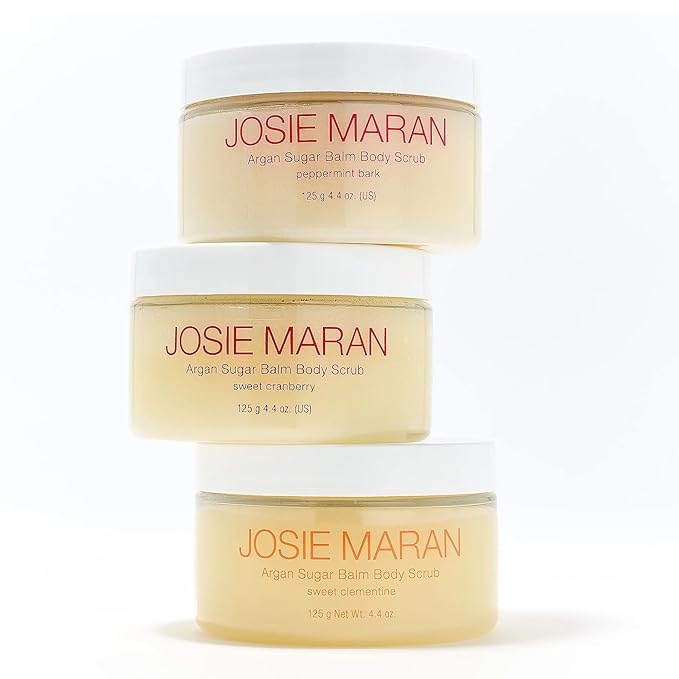 Josie Maran Argan Sugar Body Scrub Trio - 3-Piece Body Care Set - Softens, Smoothes & Hydrates Dry Skin - Includes Scents Sweet Clementine, Peppermint Bark & Sweet Cranberry (3 Count)-VivaGrace Women
