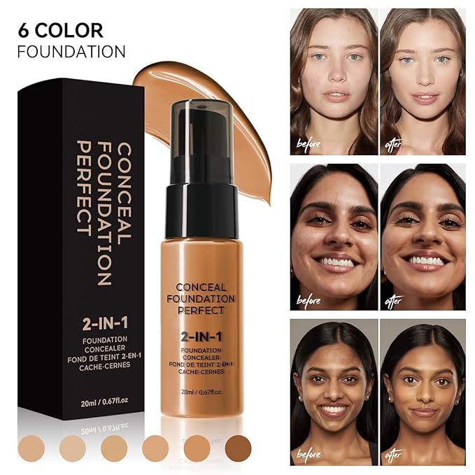 6 Colors Liquid Foundation Long-Lasting,Poreless Liquid Oil Concealer Foundation For All Skin Type,Waterproof & Sweat-Proof,Easy To Push Away,Flawless Finish Foundation,Balanced Skin Color-VivaGrace Women
