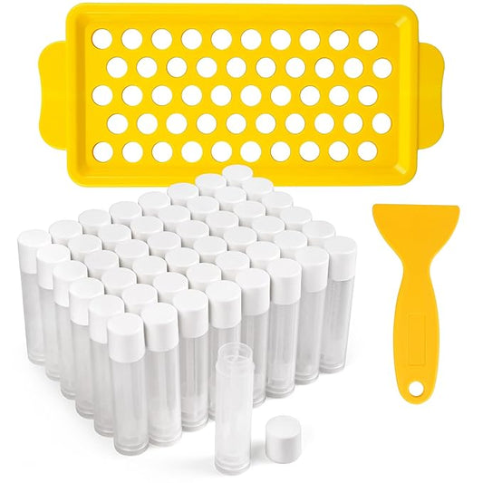 LotFancy Lip Balm Tubes with Filling Tray and Spatula, 50Pcs 5.5ml (3/16 Oz) Clear Lip Balm Containers with White Caps, BPA Free & Leak Free Lip Balm Making Kit-VivaGrace Women