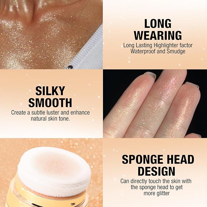 Glitter Body Highlighter Powder Body Shimmer Sparkle Face Brightening Highlighter Powder for Face Eyes Body Glow Makeup With sponge head（Purple）-VivaGrace Women