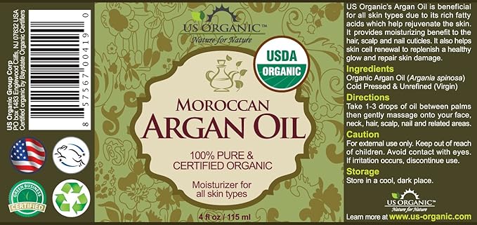 US Organic Moroccan Argan Oil, Cold-Pressed Virgin, USDA Certified, 100% Pure, Unrefined, for Hair, Skin, Nail & Cuticle Care, in Amber Glass Bottle, Sourced from Morocco (4 oz (Large))-VivaGrace Women
