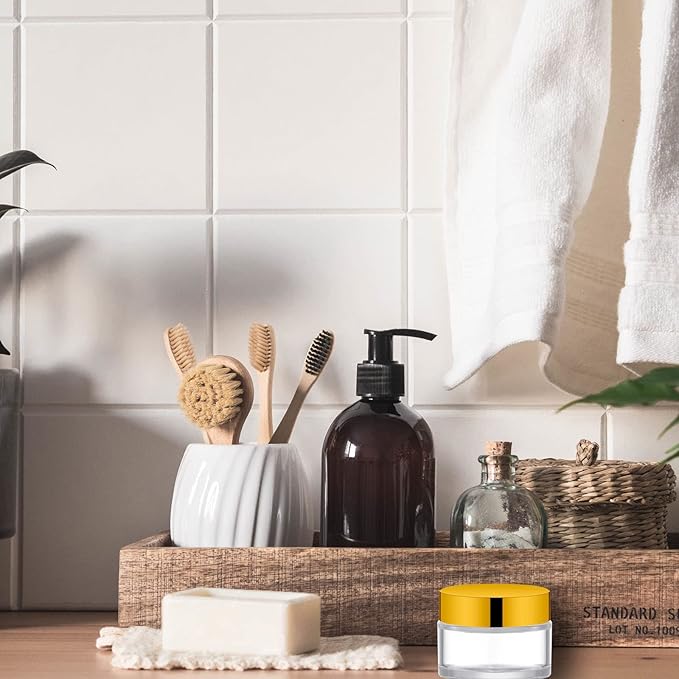 Lil Ray 1 oz Round Transparent Glass Jar with Inner Liners and Gold Lid (12pcs)-VivaGrace Women