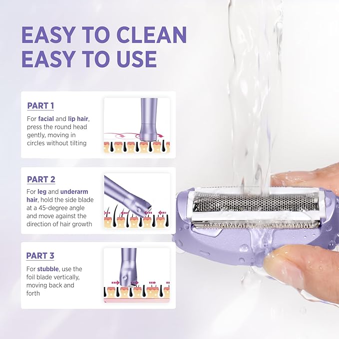 Electric Razor for Women Body: Rechargeable Painless Electric Shaver for Bikini Face Body Legs Underarms - 3-in-1 Blade and Rotary Shaving Head (Purple)-VivaGrace Women