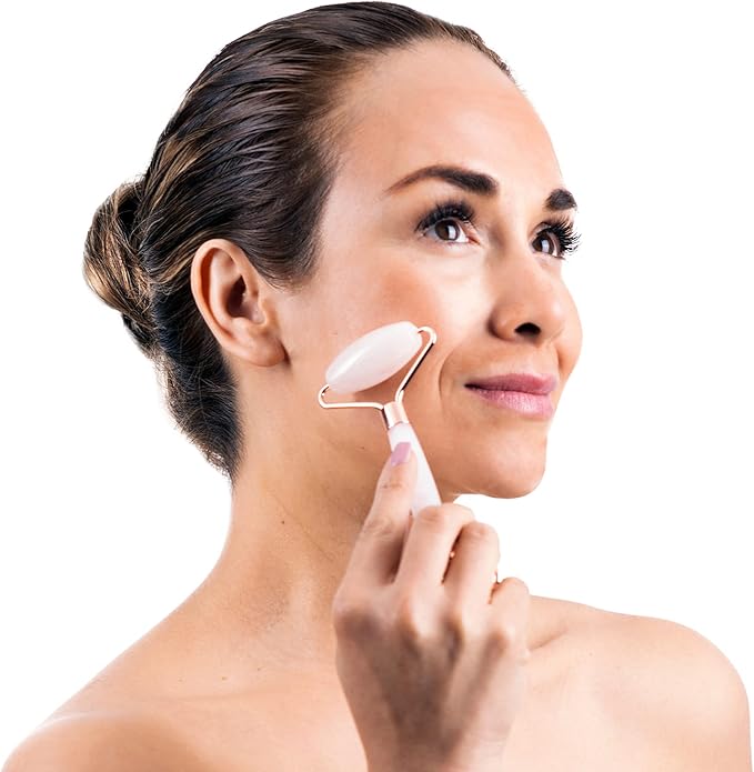 Rose Quartz Roller for Face - Facial Massage Tool for Natural Beauty Skin Care - Pink Face Roller Reduces Dark Eye Circles and Puffiness with 100% Authentic Quartz Crystal-VivaGrace Women