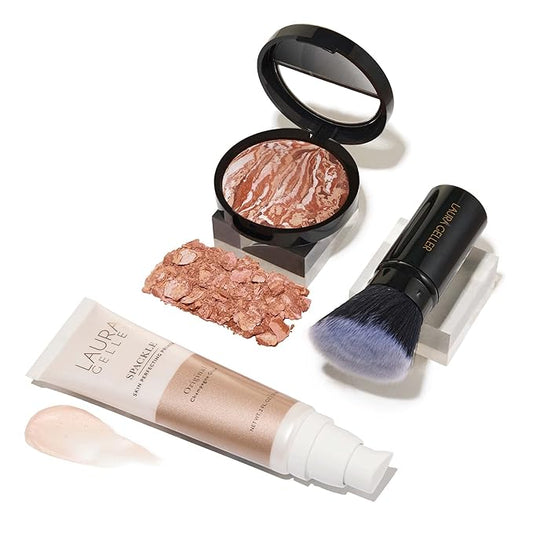 LAURA GELLER NEW YORK Ready-n-Radiant Kit (3 PC) - Baked Bronze-n-Brighten, Mediium + Spackle Super-Size Skin Perfecting Primer, Champagne Glow + Retractable Angled Kabuki Brush-VivaGrace Women